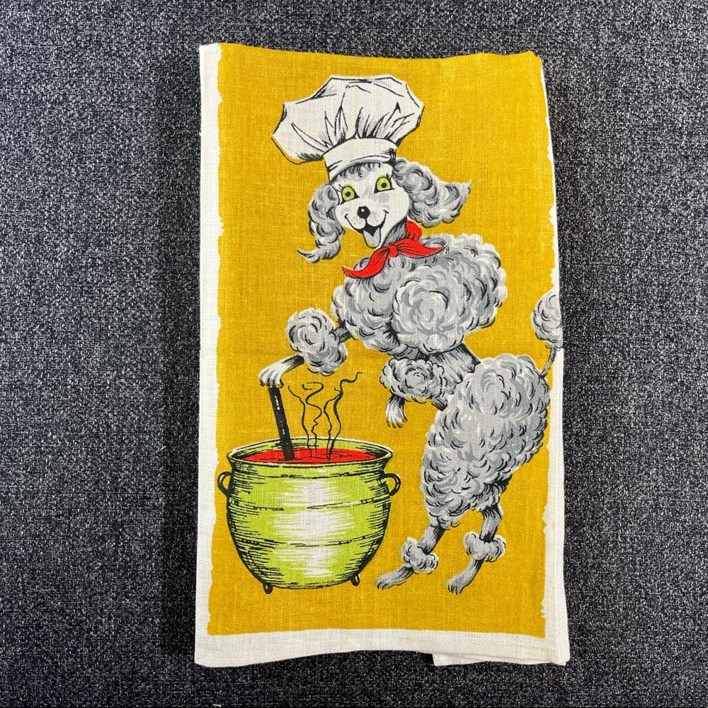 •Mid-Century Anthropomorphic Poodle Chef Linen Tea Towel NWOT•